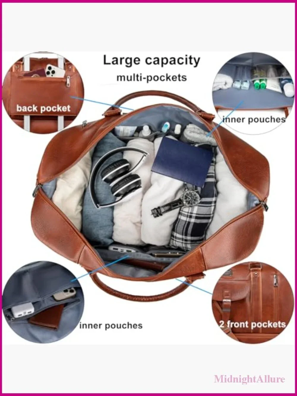 Faux Leather Travel Duffel Bag with Shoes Compartment, Weekender Overnight